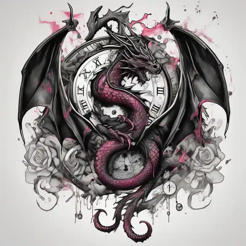 watercolor style Idées de Tatouages Horloge en 2025 &Générer gratuitement about Dark dragon tattoo with clock and dollars and cancer zodiac sign on background hello kitty tattoo